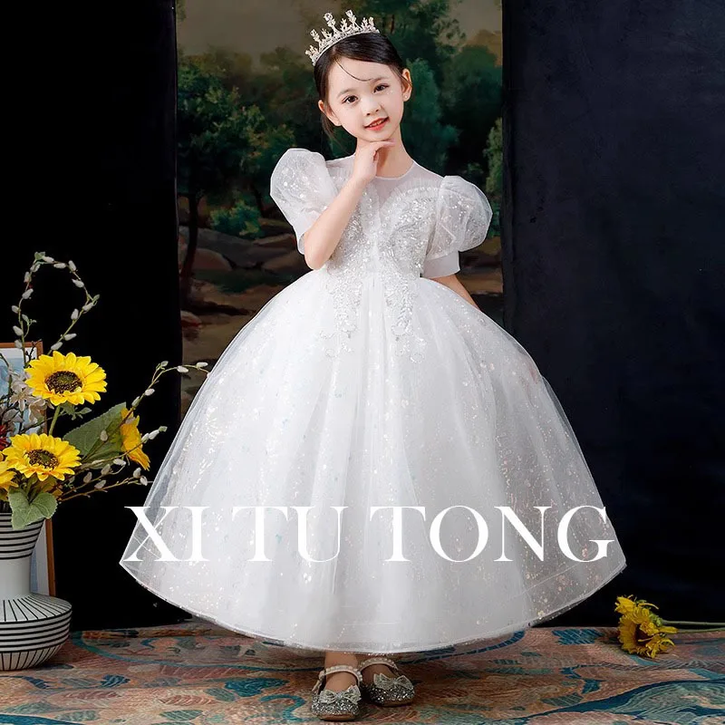 High-End Children's Dress Princess Dress White Flower Girl Wedding Girl Costume for Piano Performance Birthday Host Western Styl