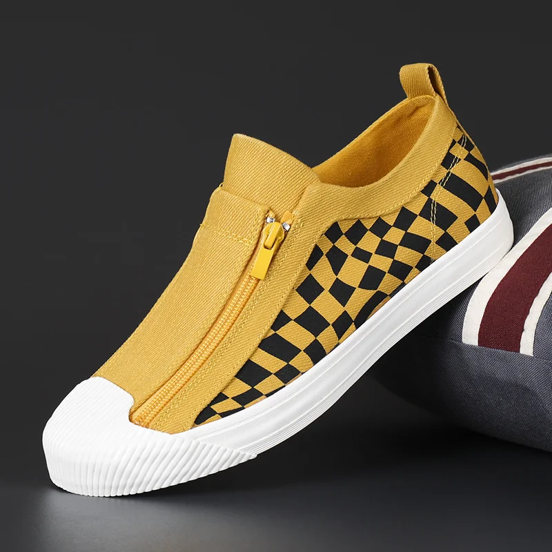 

Trendy 2022 High top Canvas Shoes Men Mocassin Designer Vulcanized Sneakers Men Yellow Zipper Casual Shoes Men Breathable Loafer