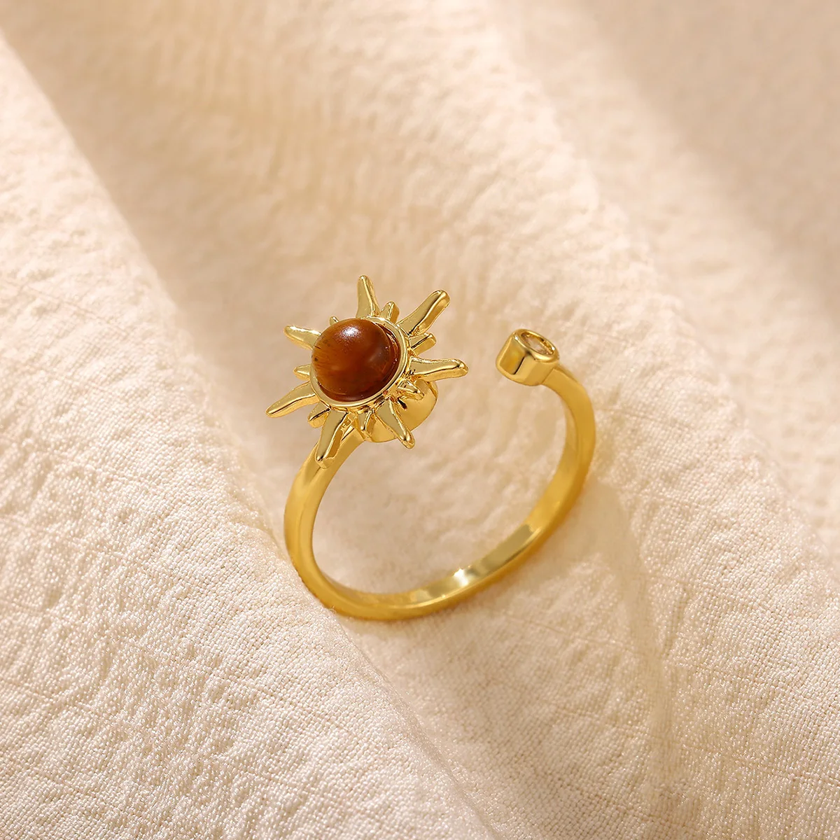 Spinning Sun Rings For Women Gold Color Pearl and Tiger Eye Stone Open Adjustable Anti Anxiety Ring Fiaget Rotatable Jewelry