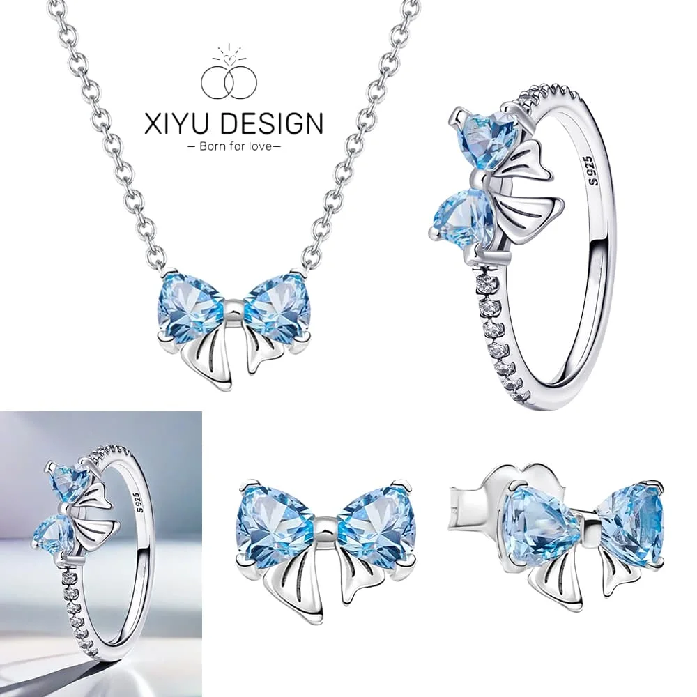 

Комплект ювелирных изделий из стерлингового серебра 925 пробы с синим бантом, модные серьги, ожерелье, кольцо, браслет, галстук, оригинальный женский прекрасный праздничный подарок