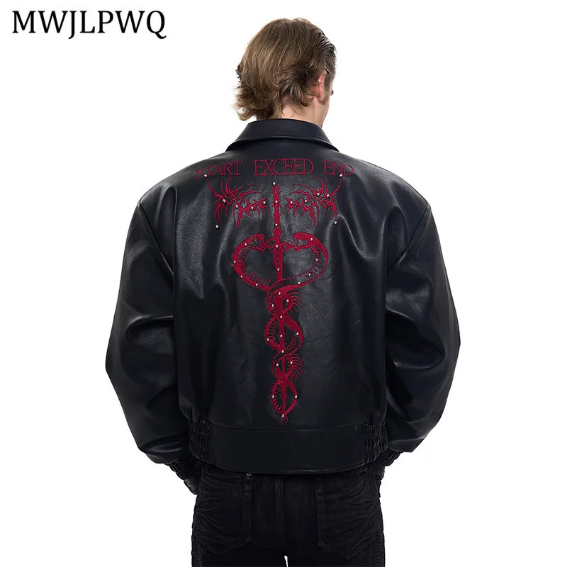 

MWJLPWQ Embroidery Short Leather Jacket For Men Autumn Niche Beaded Design Oversized Men's Motorcycle Casual Coats Tide 11309