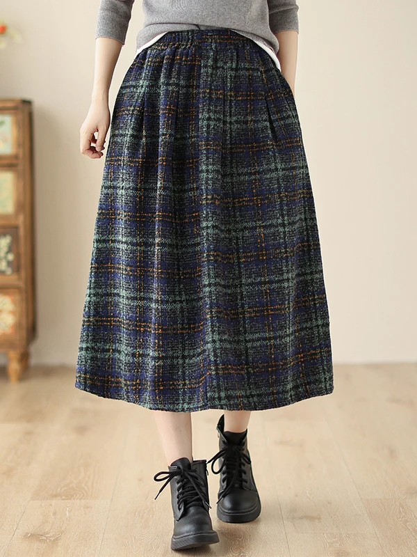 Authentic Autumn Winter Woolen Plaid Midi A-Line Skirt Warm Commute High Waist Cotton Tweed City Scenery Casual Loose Fit