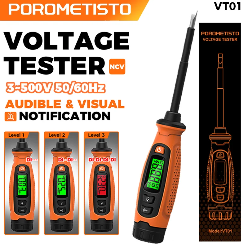 VT01 Voltage Tester Pen 3V-500V Non-Contact Screwdriver LCD Display Screen Voltmeter Detector Electrical Pen Voltage Indicator