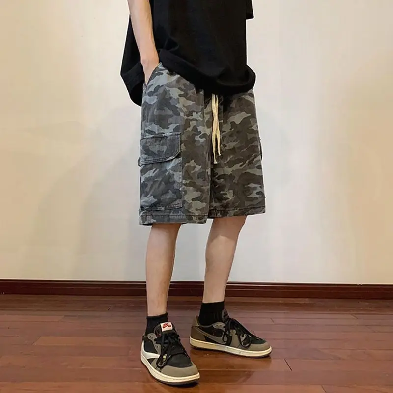 American Retro Shorts Men's Loose Drawstring Multi-pocket Pure Cotton Camouflage Workout Five Points