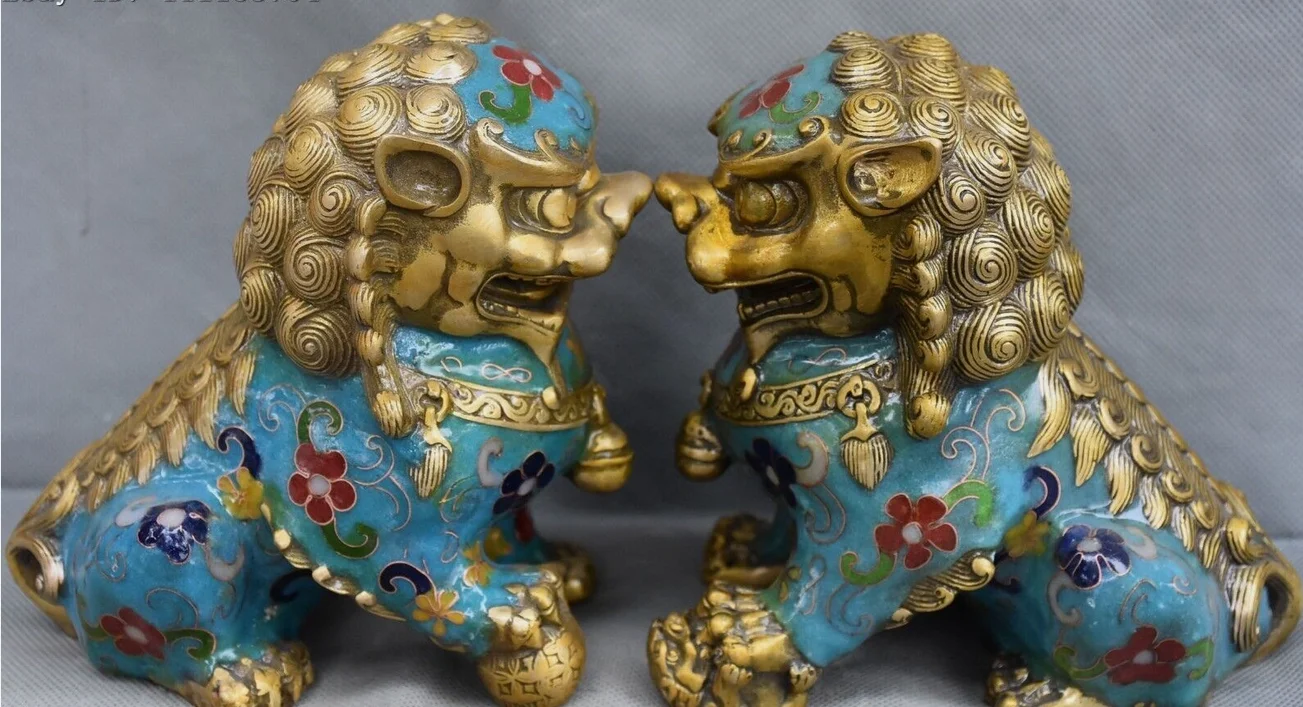 14CM Chinese Cloisonne Enamel Bronze Gilt Foo Fu Dog Guardion Lion Statue Pair