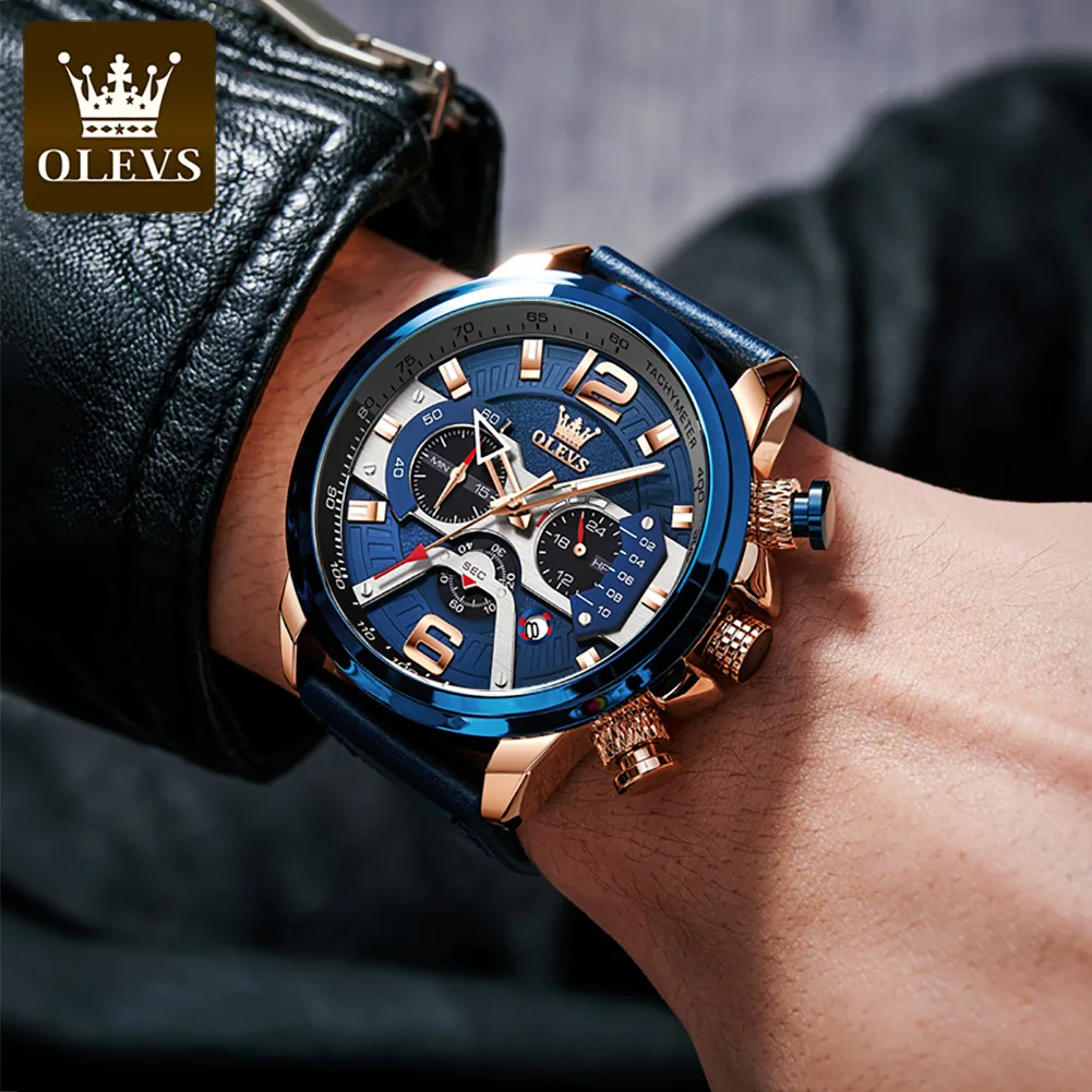 OLEVS Watch for Men Waterproof Luminous Original Leather Strap Fashion Trend Sport Skeleton Men\'s Quartz Watch relogio masculino