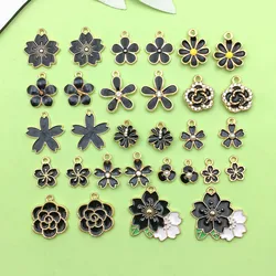 30pcs Black Enamel Flower Charms Alloy Small Daisies, Cherry Blossoms, Rose Flower Pendants For DIY Jewelry Making Accessories