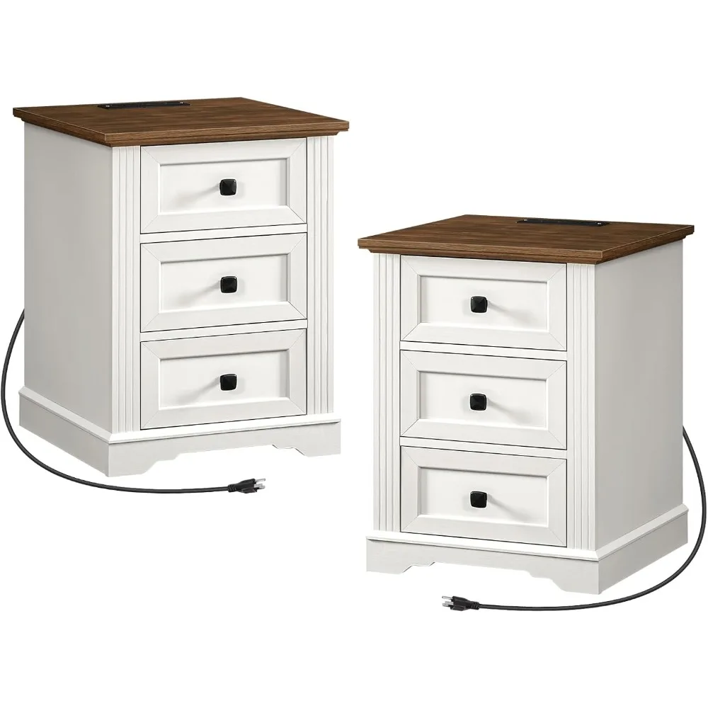 

Nightstand Set of 2, Night Stand with 3 Drawers,18 Inch Wide End Table with Charging Station, Farmhouse Bedside Table, Side Tabl