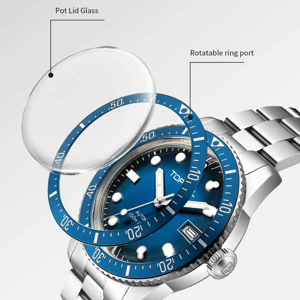 TOPHILL 40mm Mechanical Men\'s Watches NH35 Automatic Swim Aluminum Bezel 10Bar Sports Mineral Glass Luminous C3 316L TD010G