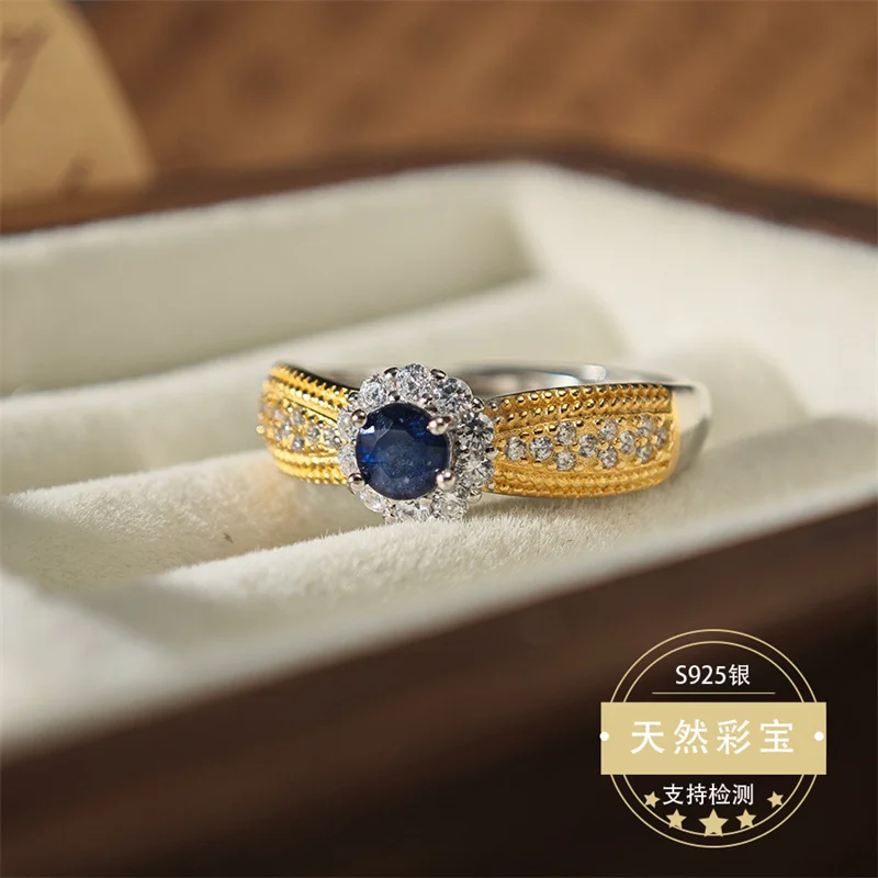 Original 925 Sterling Silver Natural Sapphire Wedding Resizable Size Ring for Women Fine Jewelry