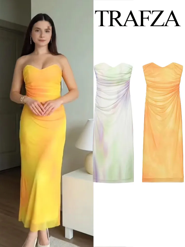 

TRAFZA Woman's Summer Holiday Back Zipper Slim Sleeveless Dress Female Fashion Printed Tulle Sexy Pleated Long Strapless Dress