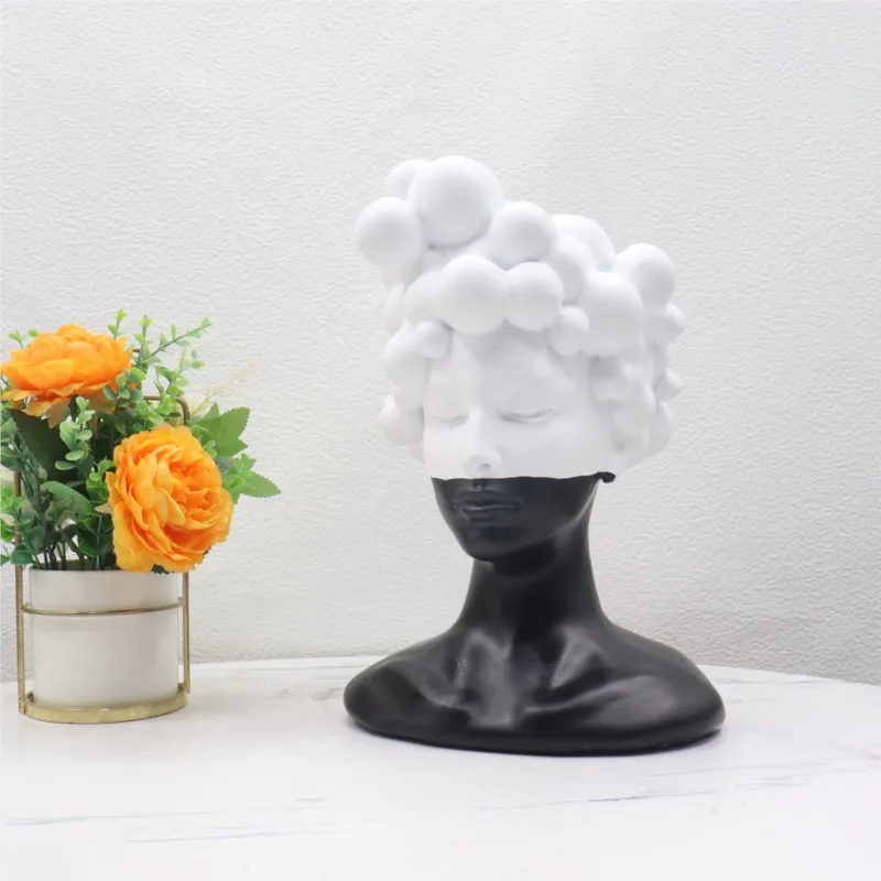 Creative female portrait resin ornament bubble hairstyle black and white art sculpture TV cabinet foyer home decoration