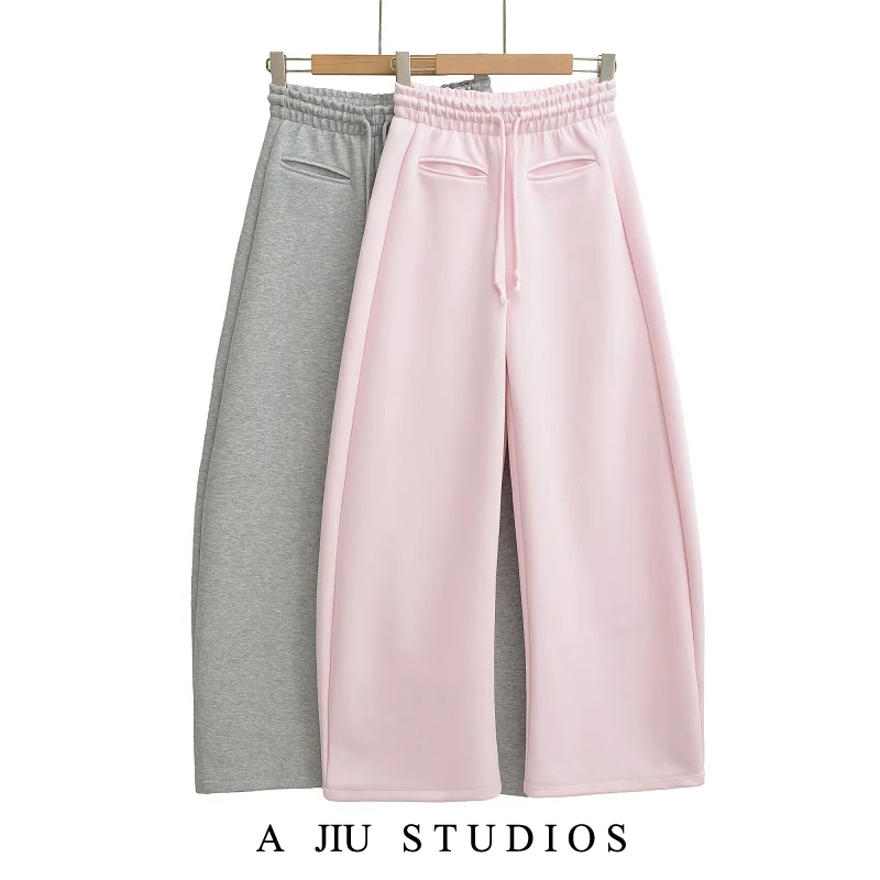 Pantaloni casual a gamba larga con strato d'aria retrò americano da donna Pantaloni casual larghi in vita elastica sottile quotidiana tutto-fiammifero misto cotone