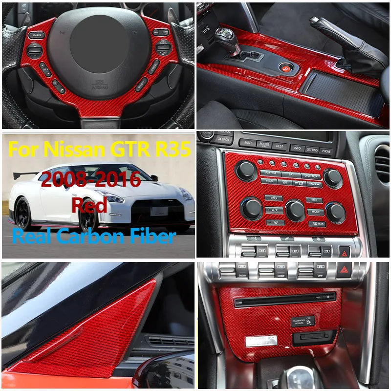 

Red Real Carbon Fiber For Nissan GTR R35 2008-2016 Center Control Panel CD Shift Vents Steering Wheel Stickers Car Accessories