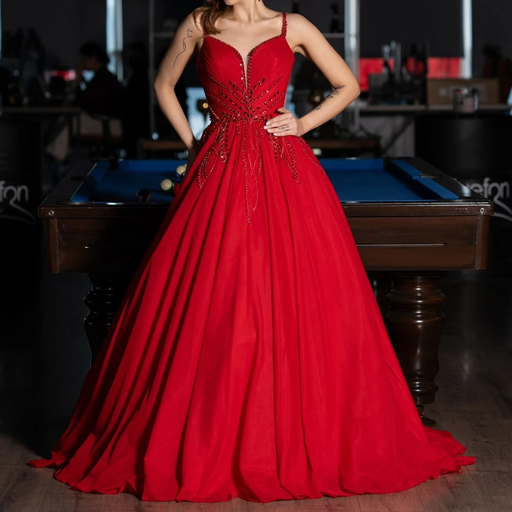 

Customized A-line Evening Dresses Floor-length V-neck Sleeveless Prom Gown Fashion Crystal Sequined Pleat Backless Party Gown