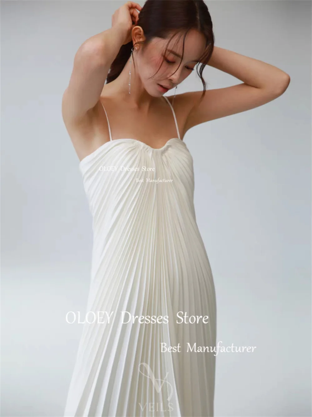 OLOEY Simple Pleats Satin White Wedding Dress Korea Photoshoot Spaghetti Straps Bridal Gown Floor Length Corset Party Gown