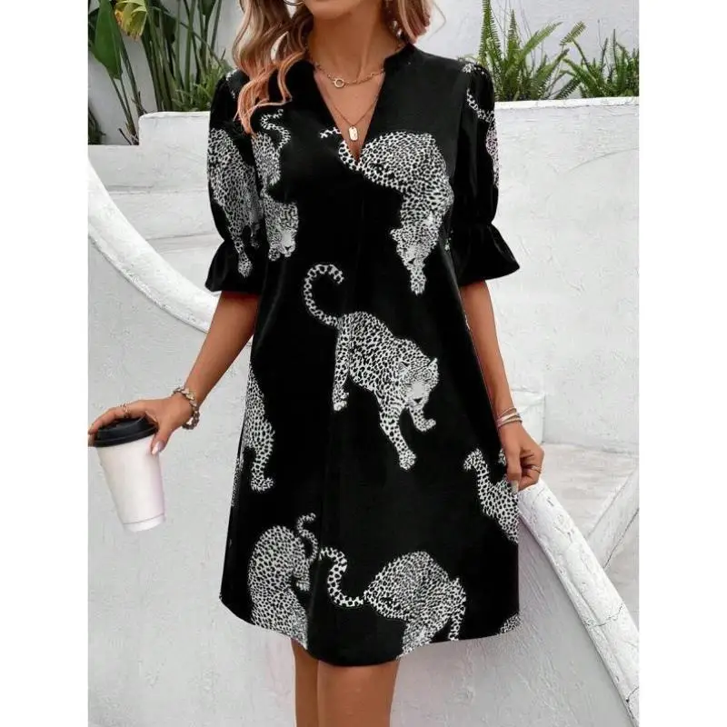 

Women's ort Sve Leopard Print Split Dr Cross-Border Sle Casual Sport Suit Autumn Season Seven Sve Length