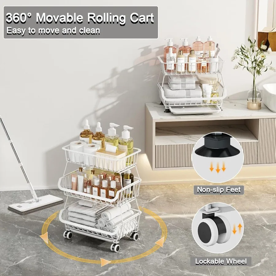 3 الطبقة المتداول مخزن الطابق المنظم تكويم مخزن عربة التخزين مع عجلات الأسلاك المعدنية جورب سلال المطبخ سلة فاكهة ستان