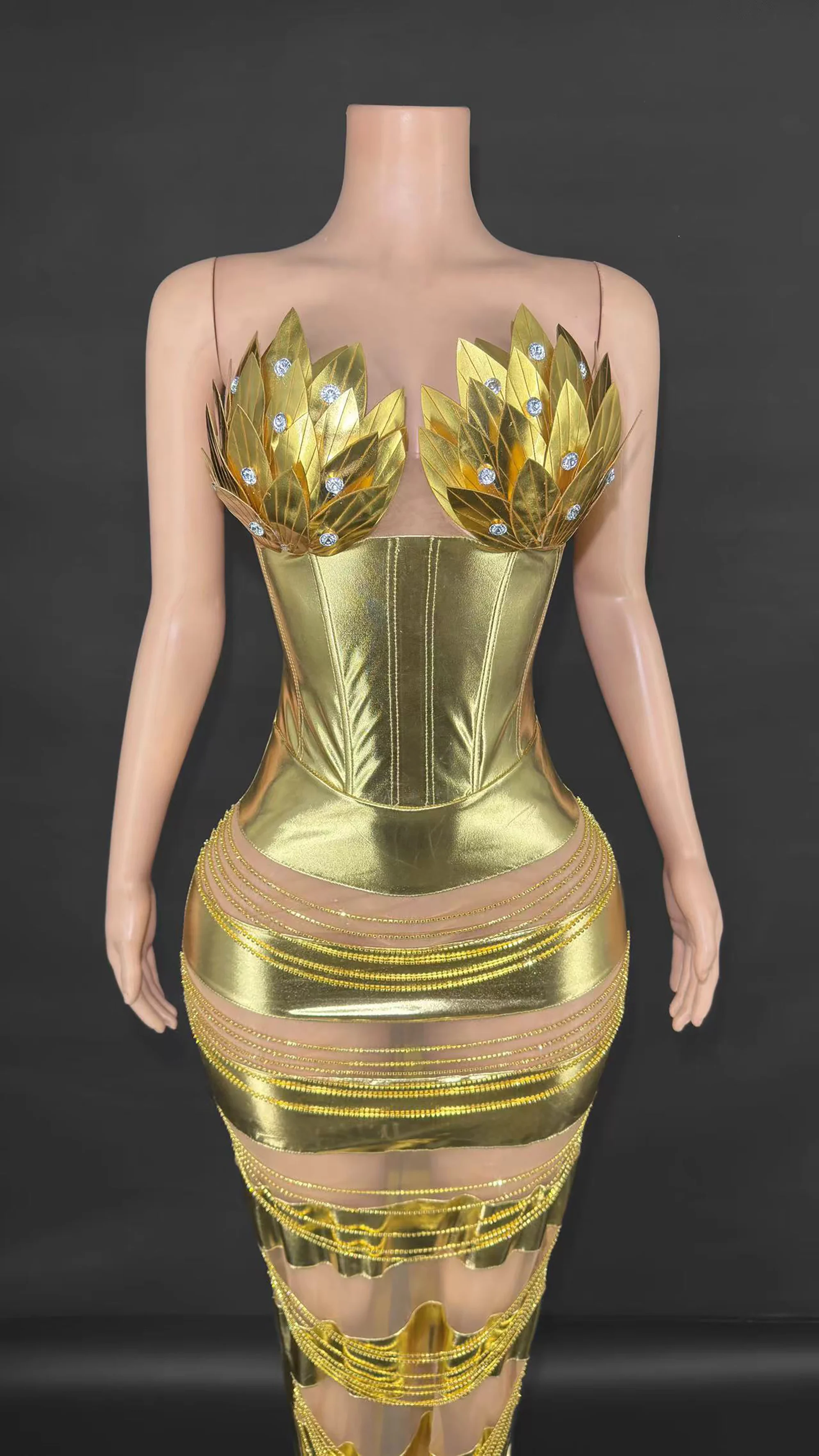 "ZD Sexy Golden Bodycon Dress – Luxury Metallic Corset Evening Gown with Sheer Mesh Details for Club & Performance"