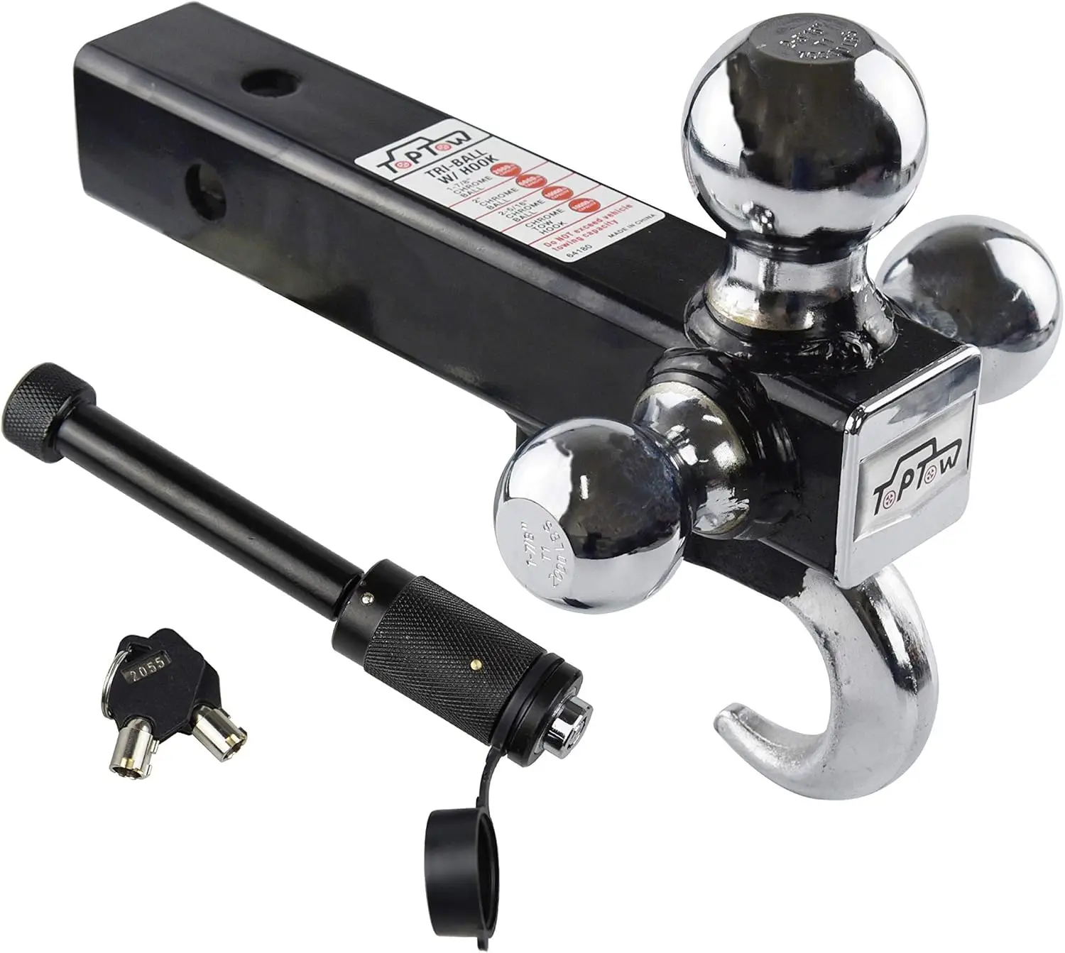 

64180HL Trailer Hitch Tri-Ball Hitch with Hook, Fits 2-inch Hitch Receiver, Chrome, 5/8 inch Hitch Lock Included
