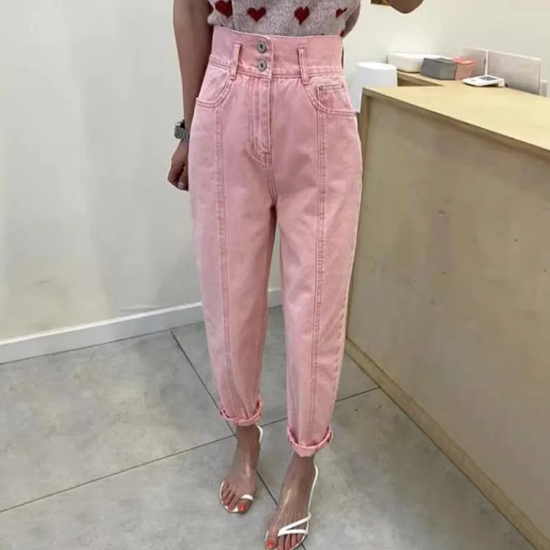 

Harajuku Pink 2 Buckles High Waist Washing Design Harem Jeans Women Fashion Korean Casual Loose Denim Pants s629