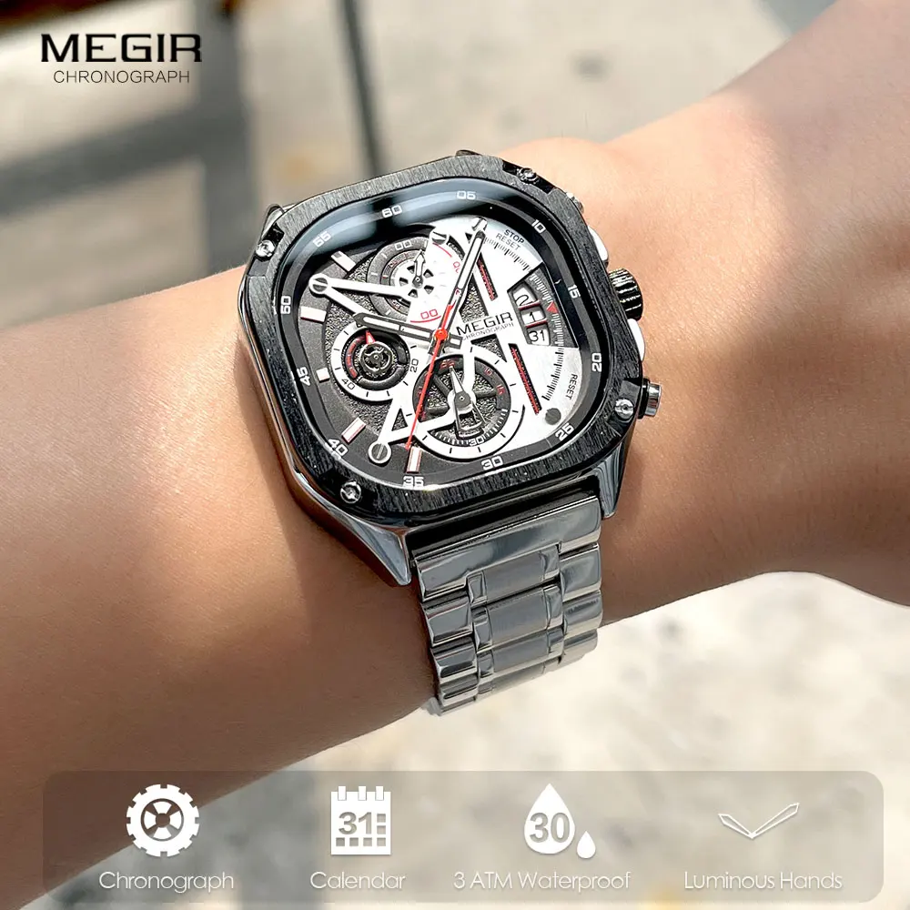 MEGIR Black Quartz Watch Men Waterproof Square Dial Wristwatch with Chronograph Stainless Steel Strap Luminous Hands Auto Date