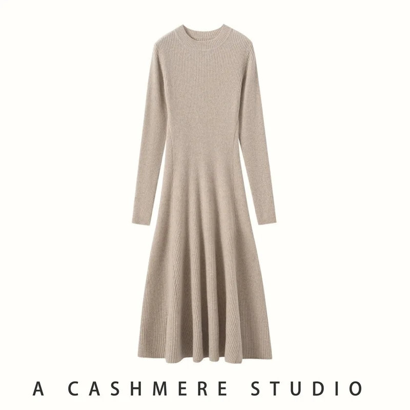 2026 Nieuwjaar Dames Herfst/Winter Kleding 100% Kasjmier Halfhoge Hals Kerst Effen Kleur Lange Mouwen Feestjurk