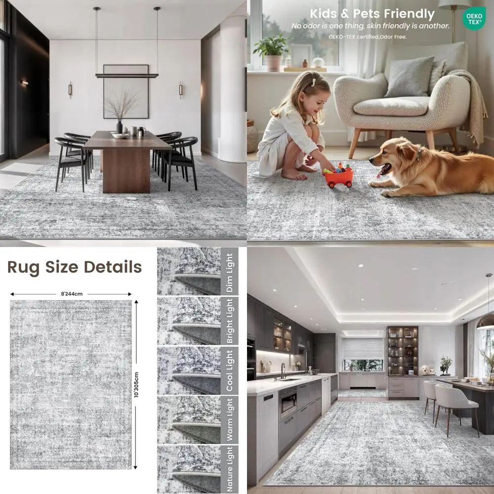 

Anti-Slip, Stain-Resistant 8x10 Vintage Tribal Living Room Rug - Distressed Grey Washable