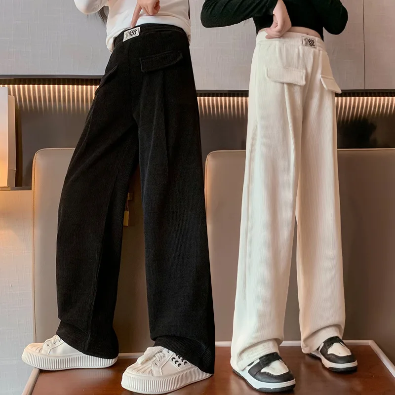 

New Korean Teenage Wide Leg Trousers Cotton Autumn Spring Teenage Sport Pants Pure Color Elastic Waist Sweatpants 6 8 12 16Years