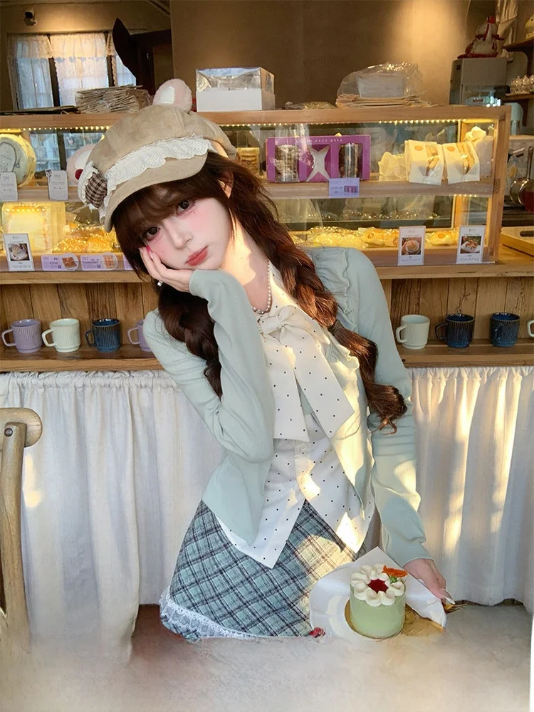 Women's Polka Dot Long Sleeve Shirt And Short Skirt Set Spring Sweet Style Fashion Contrast Color Blouse High Waist Design