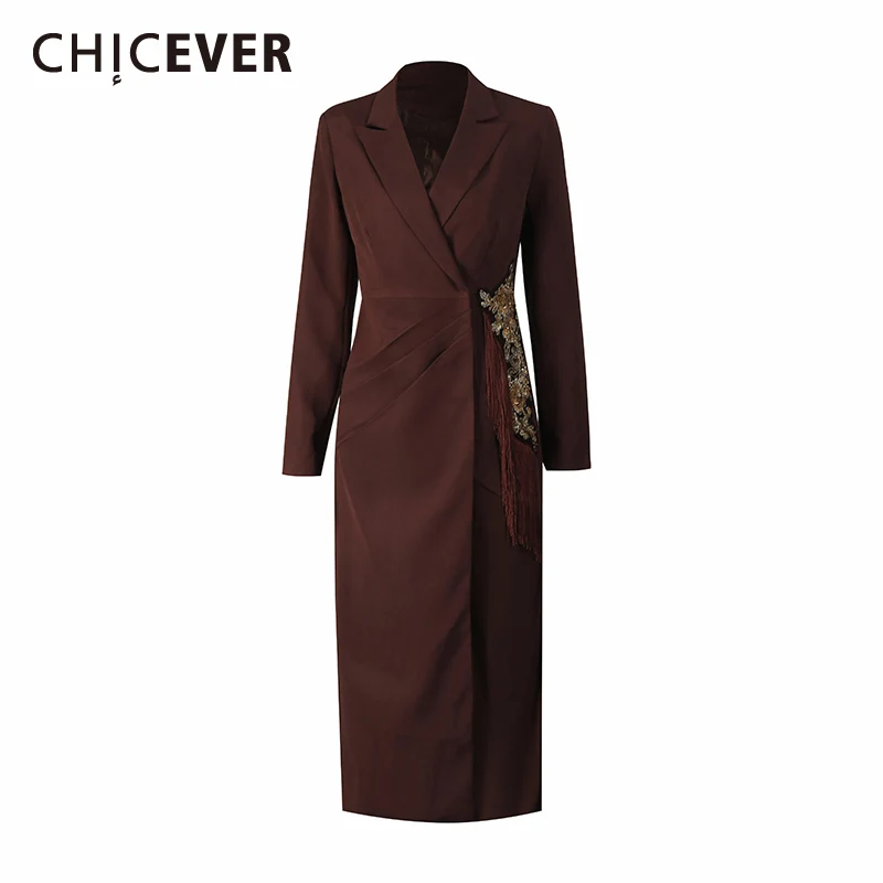 

CHICEVER кофейное платье с бисером, женское платье с лацканами и длинными рукавами для похудения, темпераментные роскошные женские платья, осенняя мода, новинка