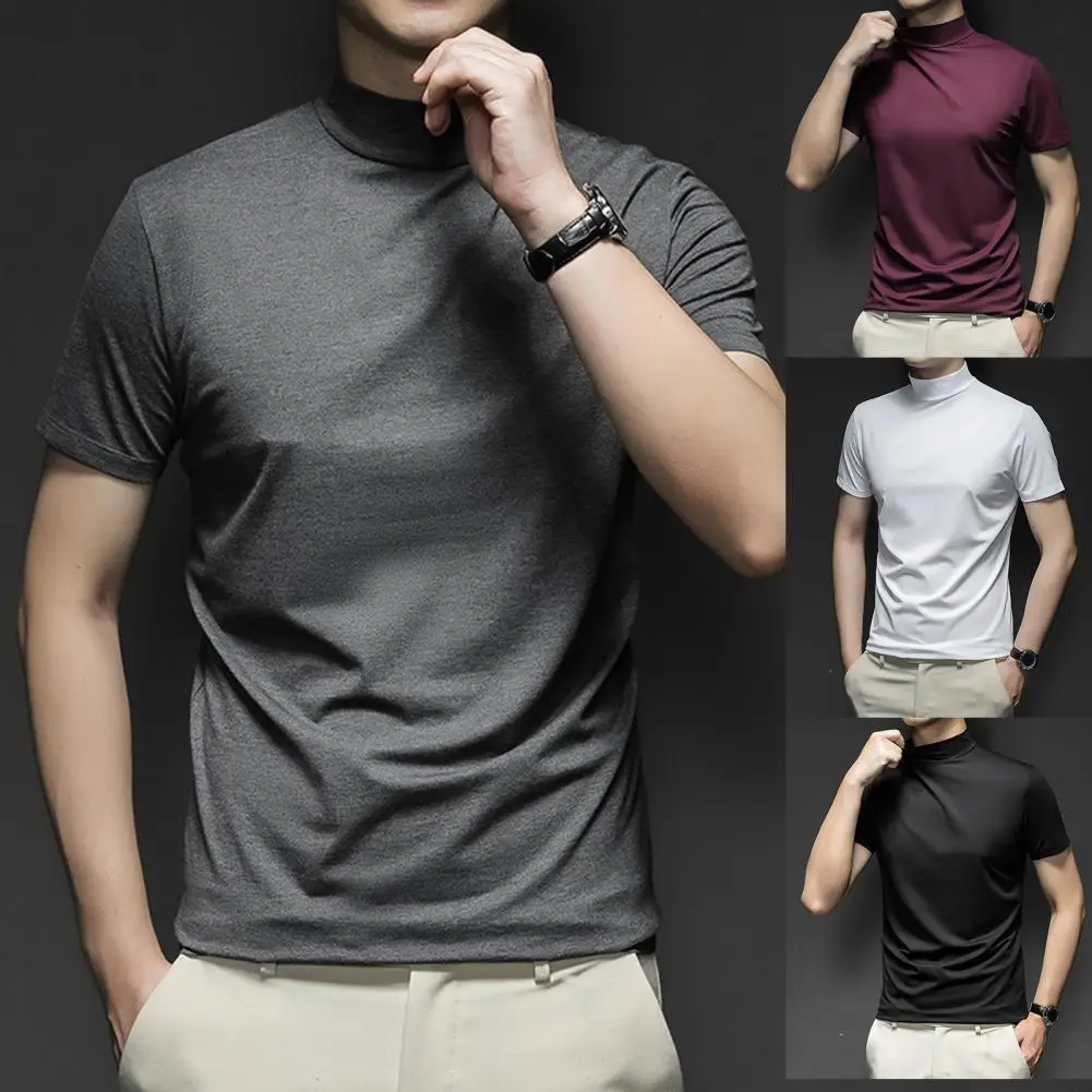 

Spring New T Shirt For Men Shirt Pure Color Short Sleeve Stand Collar Casual Slim Fit White Men Top for Work Streetwear