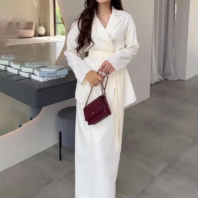 2024 Autumn New High-End Elegant Women Fashion Casual Two-Piece Set Solid Color Commute  Loose Woman Long Sleeves Top Skirt Set