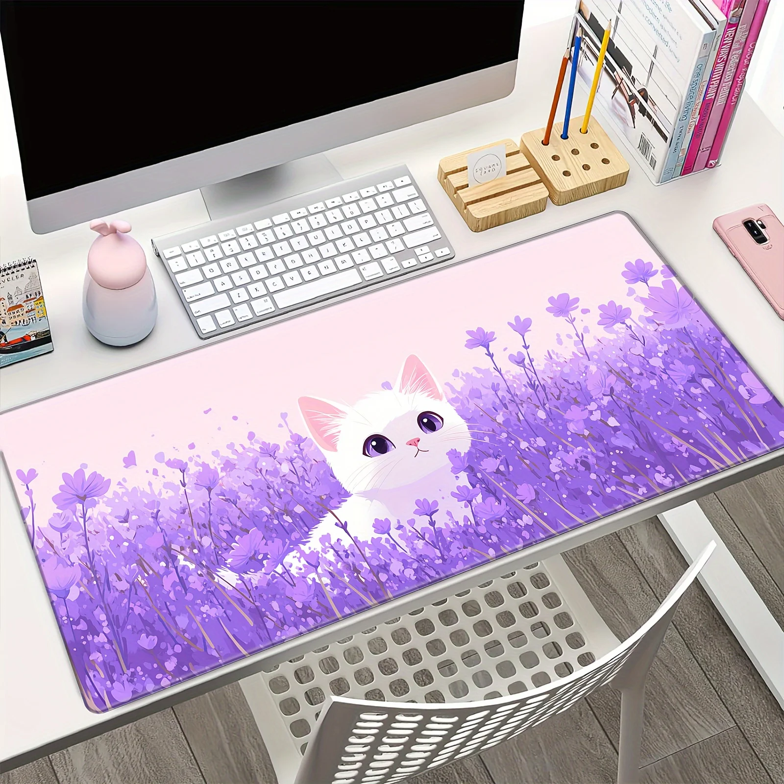 

Kawaii white cat and purple flowers Mouse Pad Desk mat Gaming mat rubber anti-slip Durable desk accessories Keyboard desktop pad