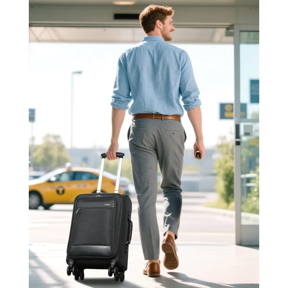 20-дюймовый чемодан для ручной клади Softside, одобренный авиакомпанией и колесами для мужчин и женщин — дорожный деловой чемодан черного цвета