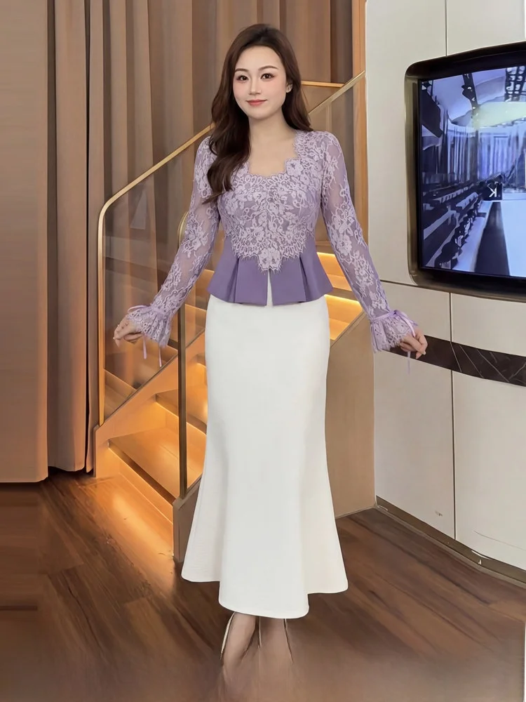

Elegant Lace Top And Skirt Set plus Size Women's Fashion Spring New Arrival High Waist A-Line Skirt V-Neck Long Sleeve
