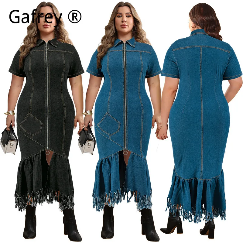 

Элегантное джинсовое платье больших размеров с пэчворком и бахромой, свободного кроя, повседневное, винтажное, в стиле бохо-вестерн, новинка 2026 года