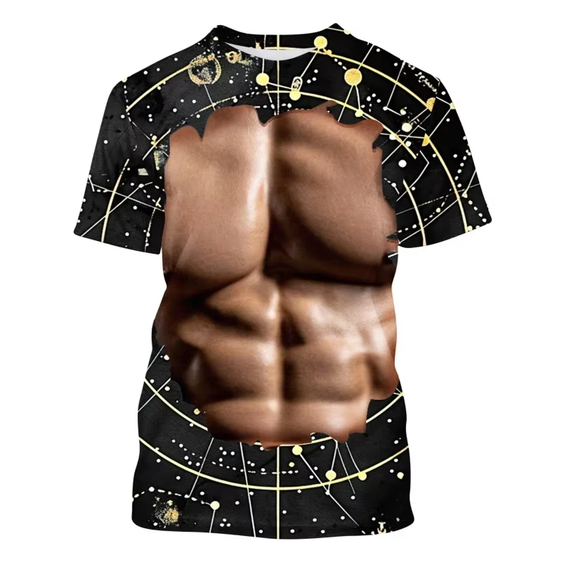 Unisex 3D Fake Muscle Optical Illusion T‑Shirt, Novelty Ripped Effect Body Print Short Sleeve Funny Prank Graphic Tee for Party