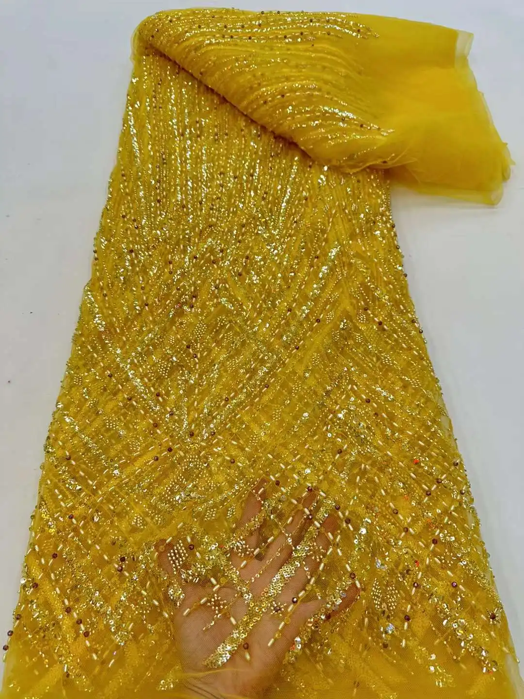 Yellow Color High Quality Material Pearls Embroidery French Tulle Lace Fabric with Sequins Nigerian For Wedding Party Dress