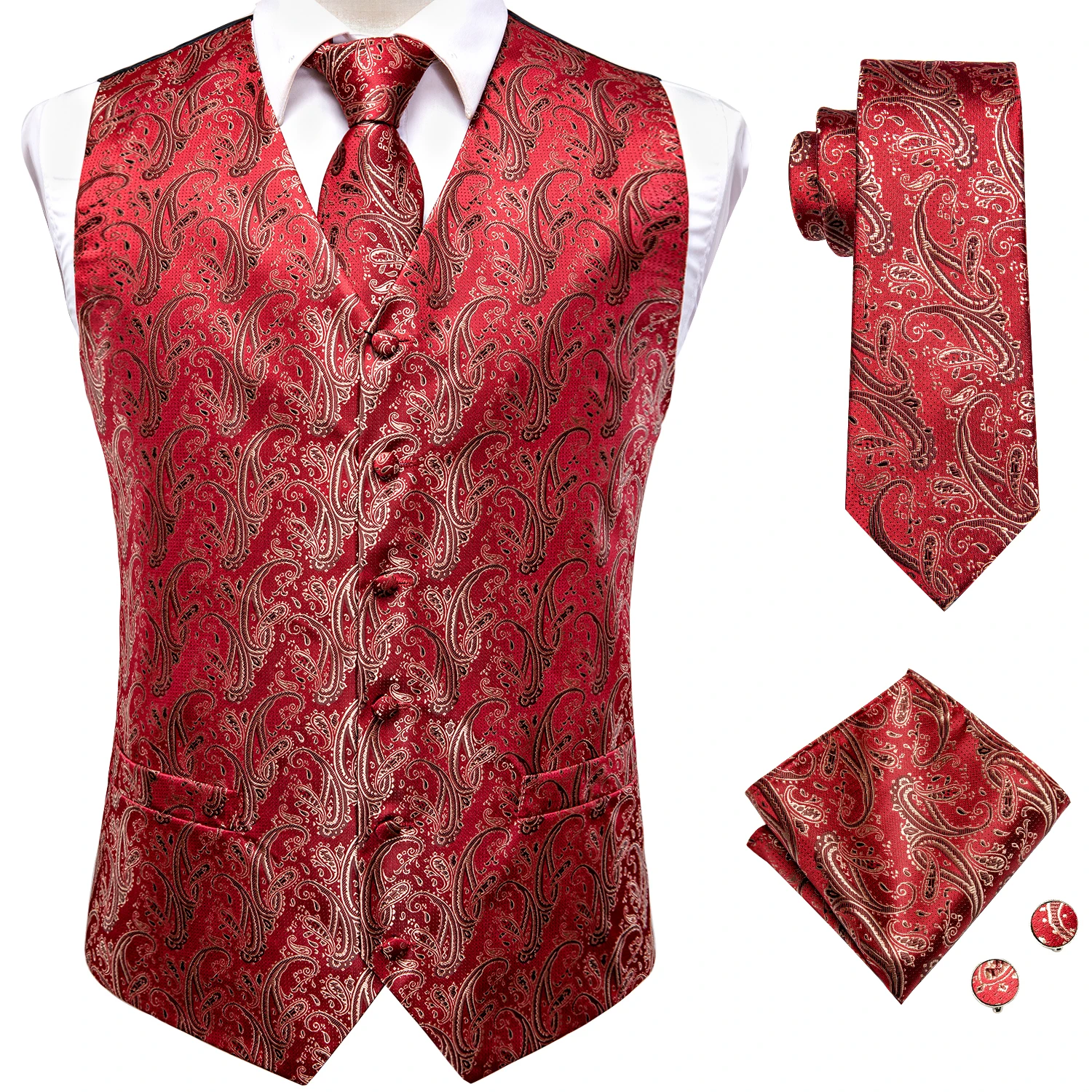 

Hi-Tie Jacquard Silk Mens Vest Tie Hankerchief Cufflinks Set Dress Suit Waistcoat Jacket Necktie for Male Wedding Business Gift