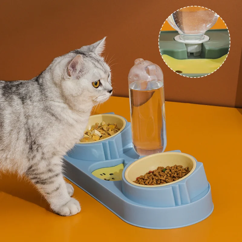 

Double Dog Cat Feeding Bowls with Water Dispenser Tilted Cat Food Dishes for Indoor Pet Easily Detached Wet and Dry Food Bowl