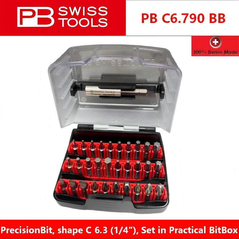 Набор инструментов PB Swiss Tools, 30 шт., закаленные биты C6.3 E6.3, смешанные, с защитой от скручивания, шлицевые, Torx, Phillips, Pozidriv, в кейсе PB C6.790 BB