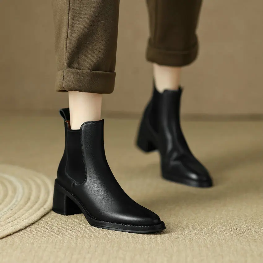 QUTAA 2024 Women Ankle Boots Chelsea Genuine Leather Slip On Thick Med Heels Pointed Toe Shoes Woman Autumn Winter Size 34-39