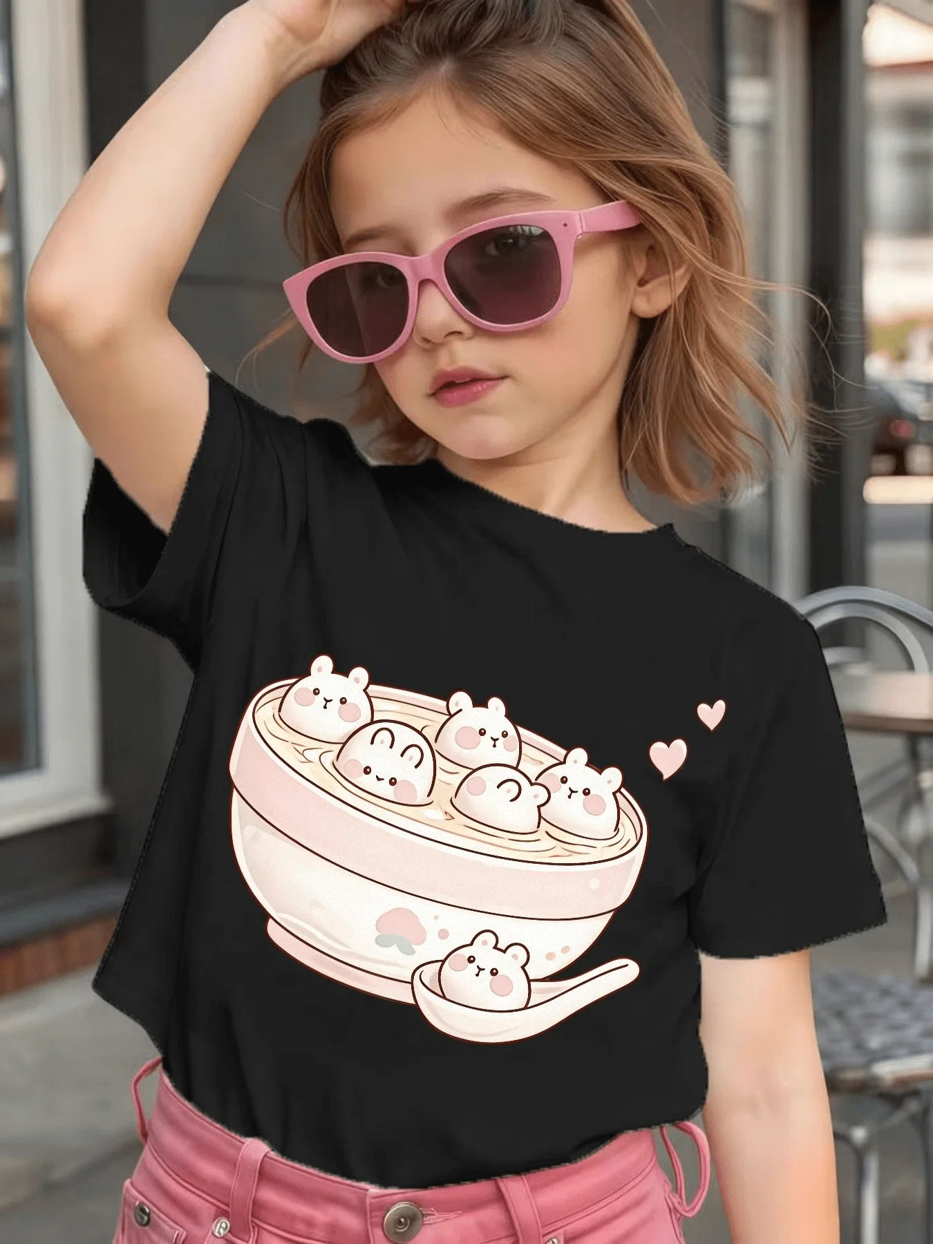 Cute Bunny Tangyuan Bowl Heart Cartoon Graphic Kids Tee Boys Girls Family Matching Cotton Crew Neck Short Sleeve Soft Summer Tee