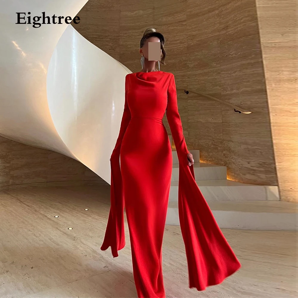 

Eightree Dubai Evening Dresses Draped Long Sleeve Red Satin Saudi Arabic Prom Gown Long Mermaid Formal Occasion Dress for Women