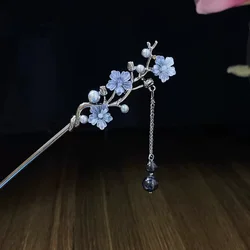 Modern Metal Hair Stick Ink Flower Metal Tassel Hairpin Forks For Women Black Beads Hair Clasp New Chinese Hanfu Hair Jewelry