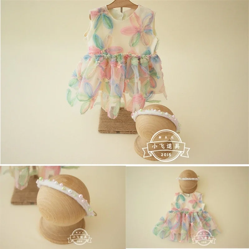 Newborn Baby Girls Photography Props Summer Rainbow Colorful Florals Dress with Headband 2pcs Set for Studio Photo Shoot