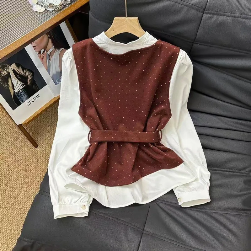 

Темпераментный костюм в стиле ретро, жилет без рукавов в горошек, женская осенняя рубашка с длинными рукавами, комплект из двух предметов