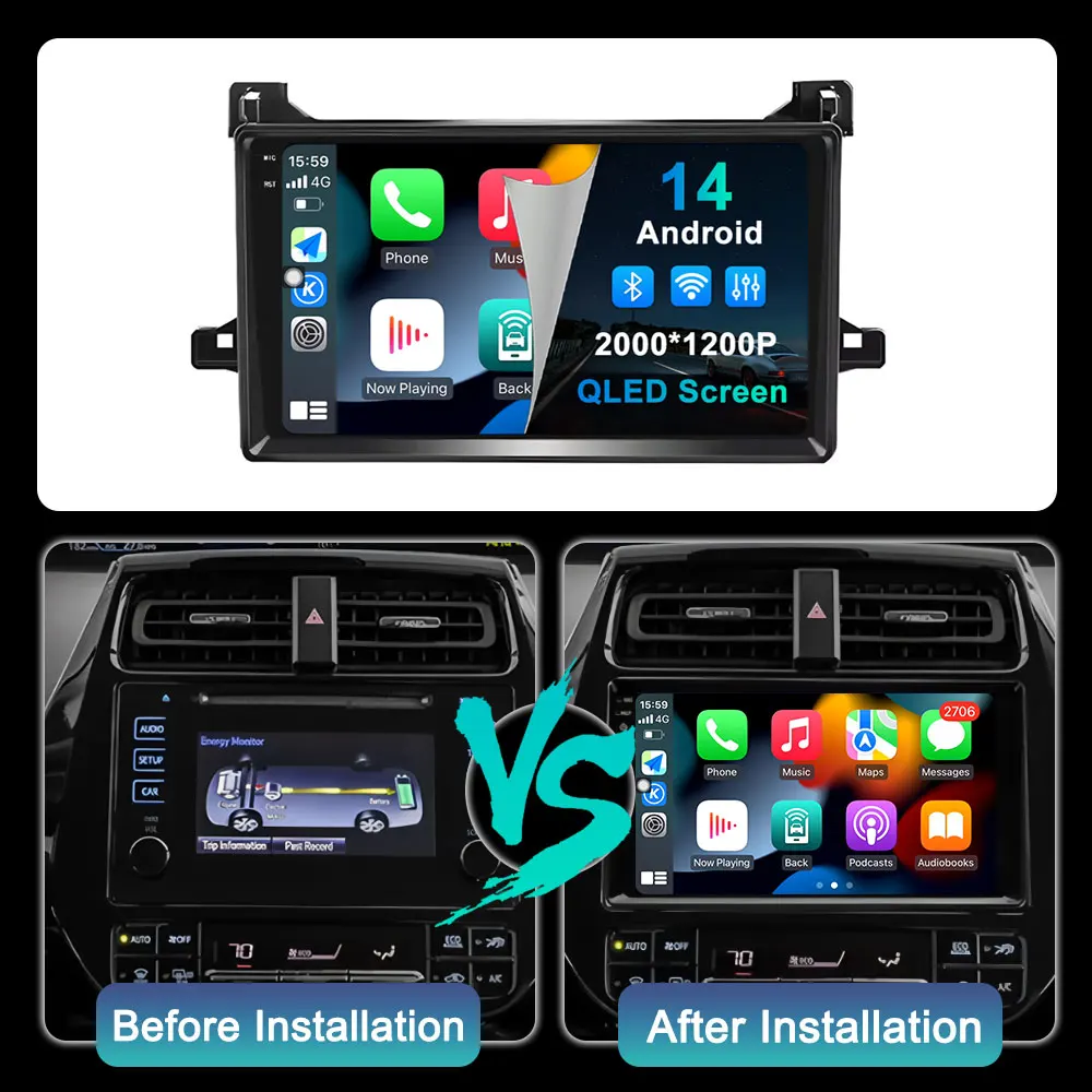 Wireless CarPlay Android 14 For Toyota Prius XW50 2015 2016 2017 2018 2019 2020 Car Radio Multimedia Navigation GPS 4G WIFI QLED