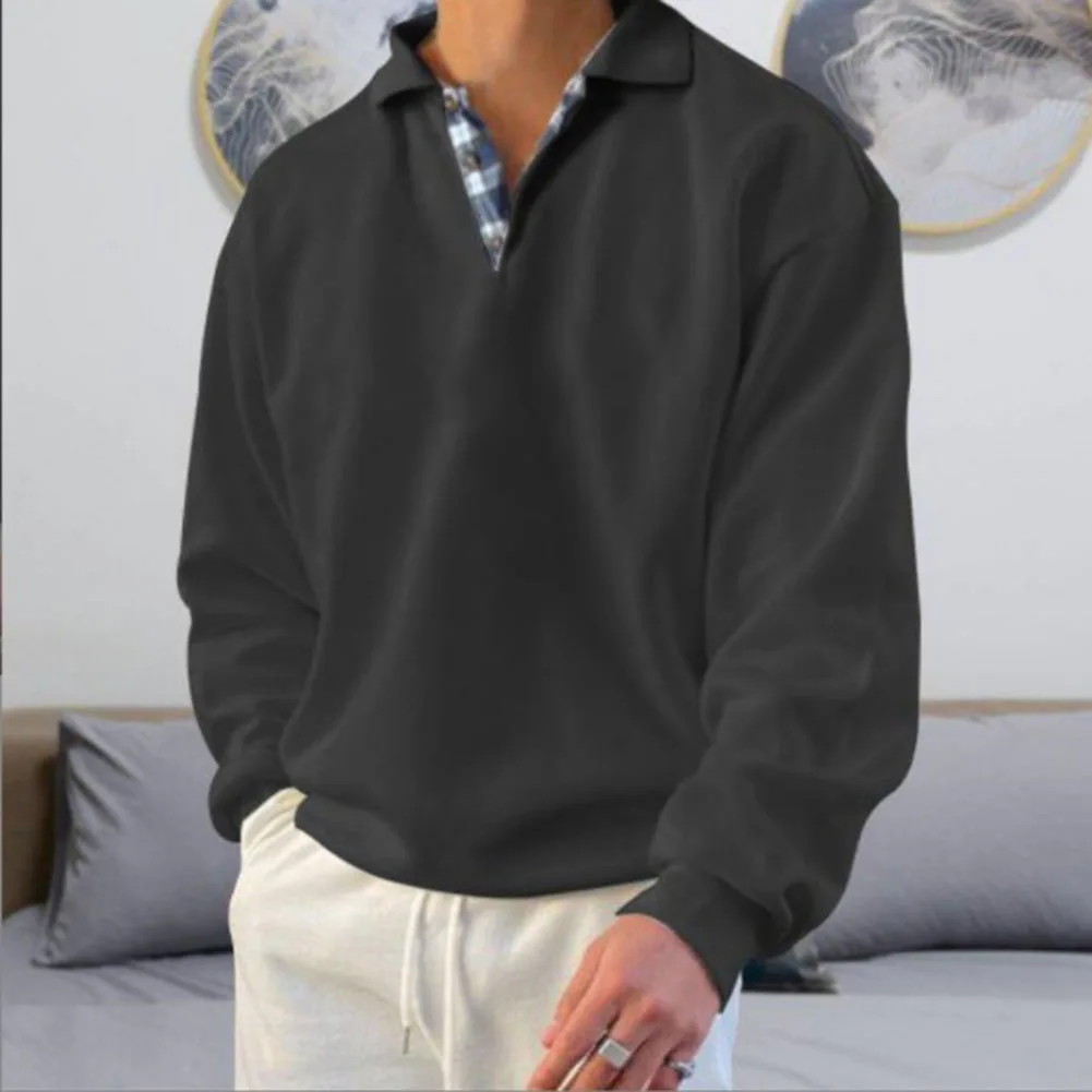 Baggy Long Sleeve Top Long Sleeve Top Black Mens Sweatshirts Polyester Fabric Solid Color Design Turn-down Collar